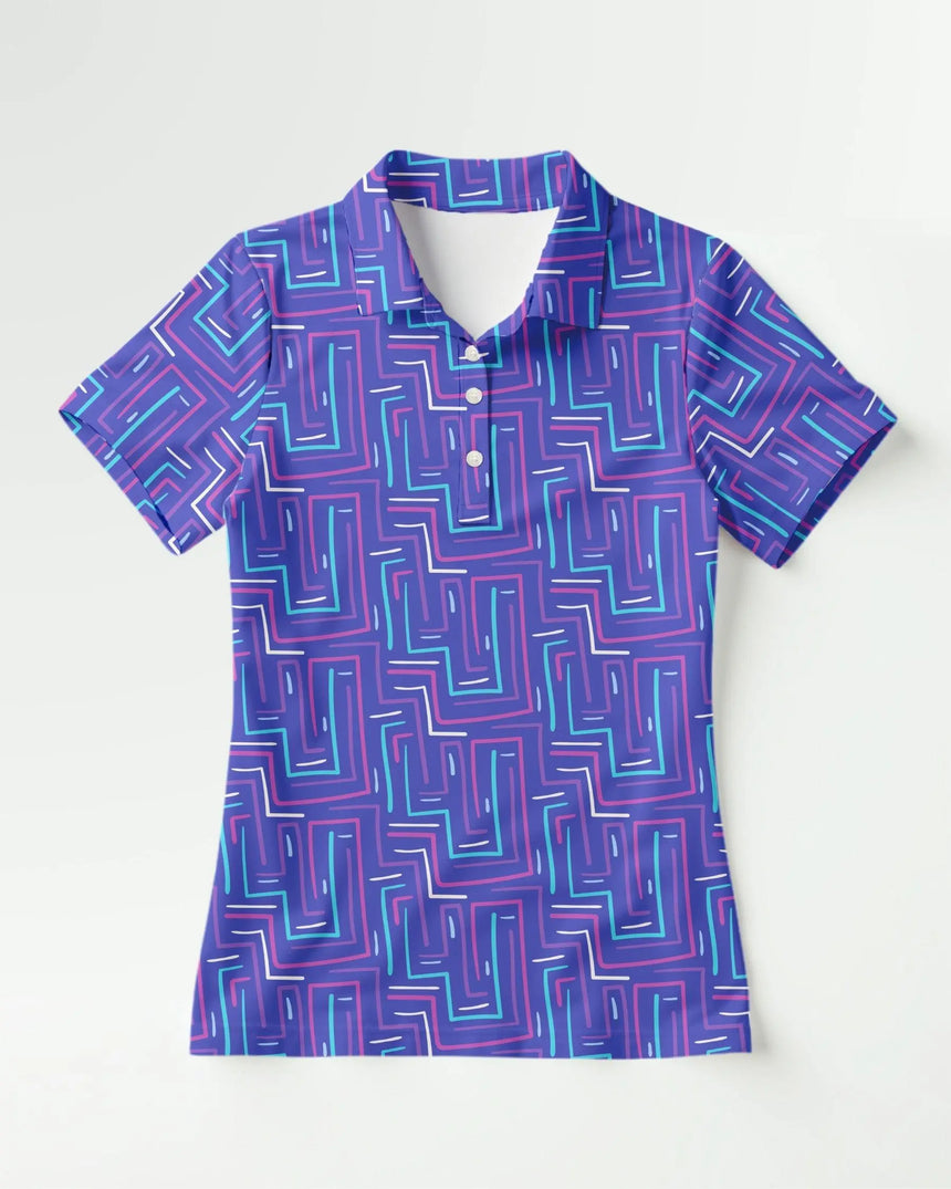 women's short sleeve golf polo in Links Labyrinth print - front view