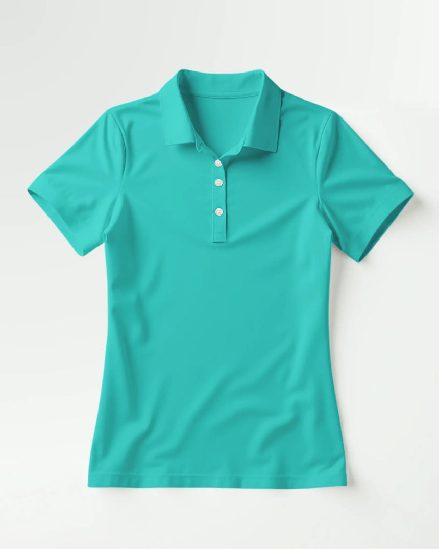 women's short sleeve golf polo in Luau Links print - front view