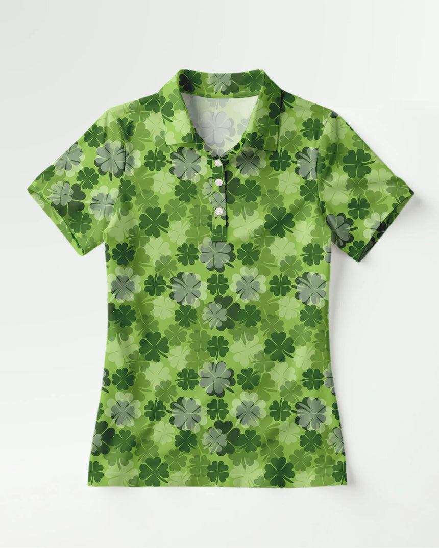 women's short sleeve golf polo in Lucky Clover print - front view