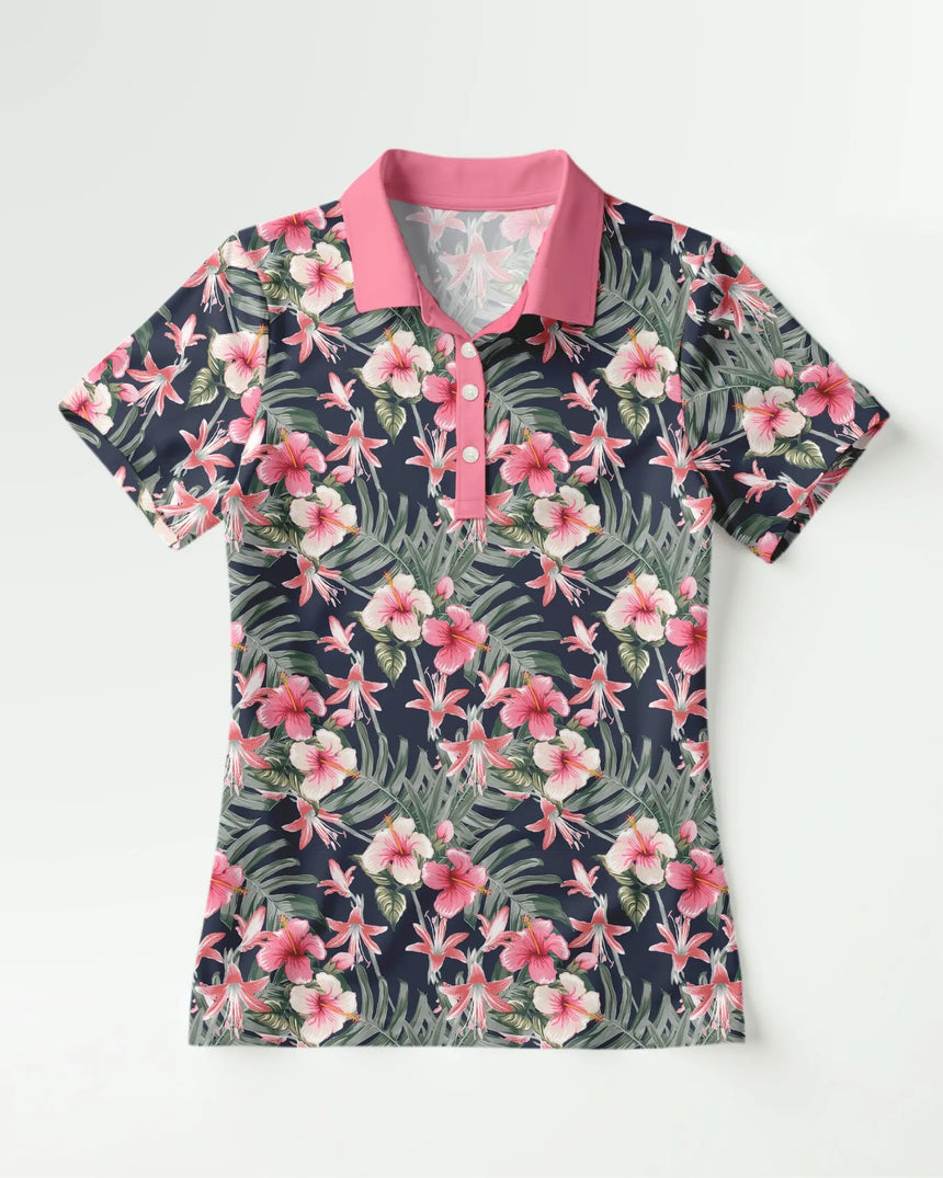 women's short sleeve golf polo in Midnight Blooms print - front view