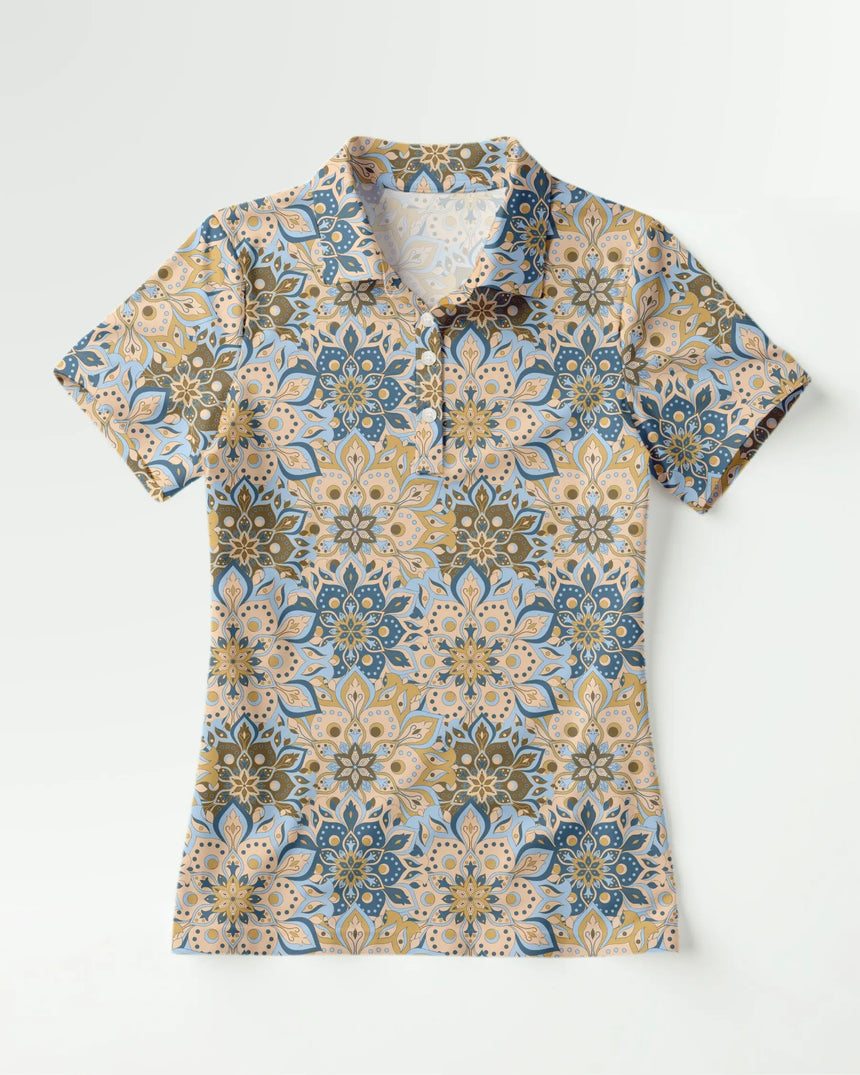 women's short sleeve golf polo in Retro Botanic print - front view