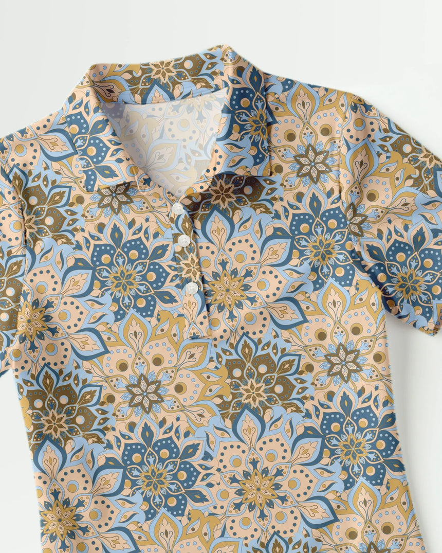 women's short sleeve golf polo in Retro Botanic print - fabric closeup front view