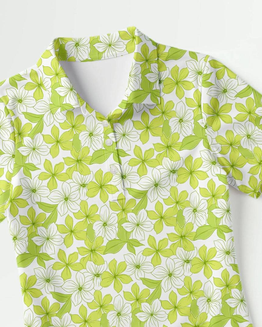 women's short sleeve golf polo in Spring Greens print - fabric closeup front view