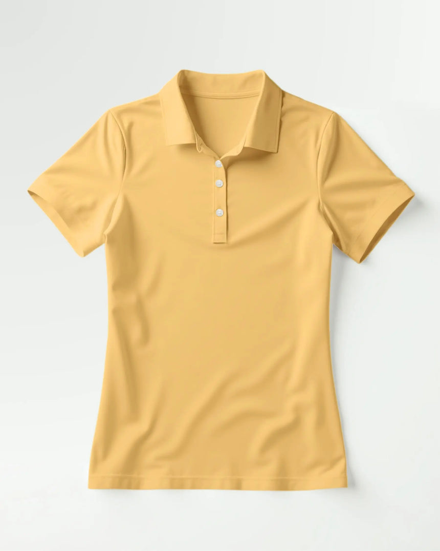 women's short sleeve golf polo in Sunset Swing print - front view