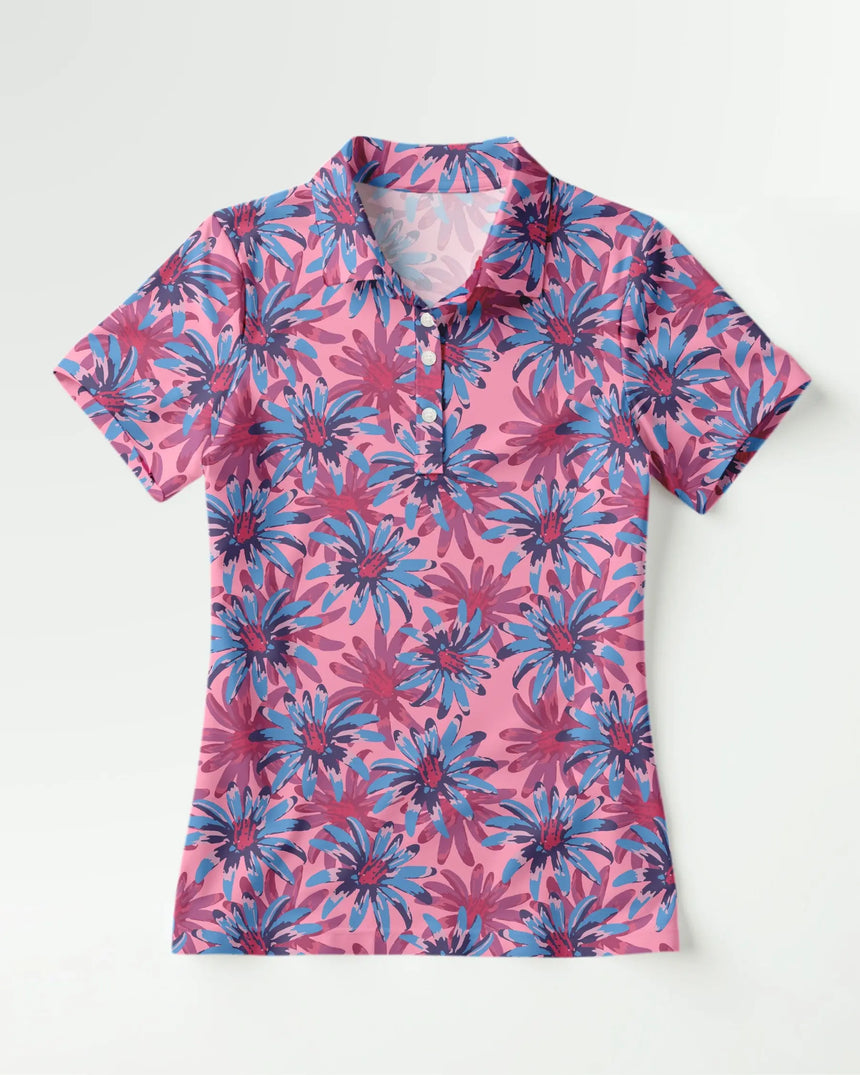 women's short sleeve golf polo in Tropical Bloomscape print - front view