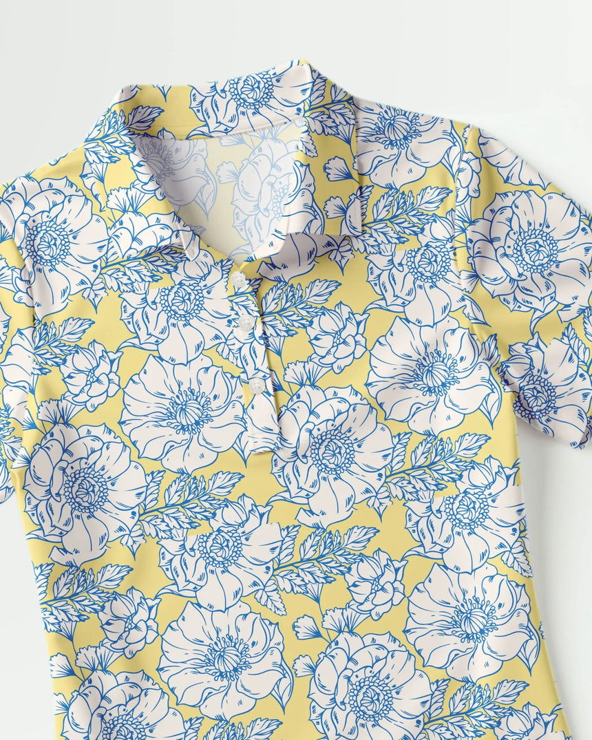 women's short sleeve golf polo in Vintage Peony print - fabric closeup front view