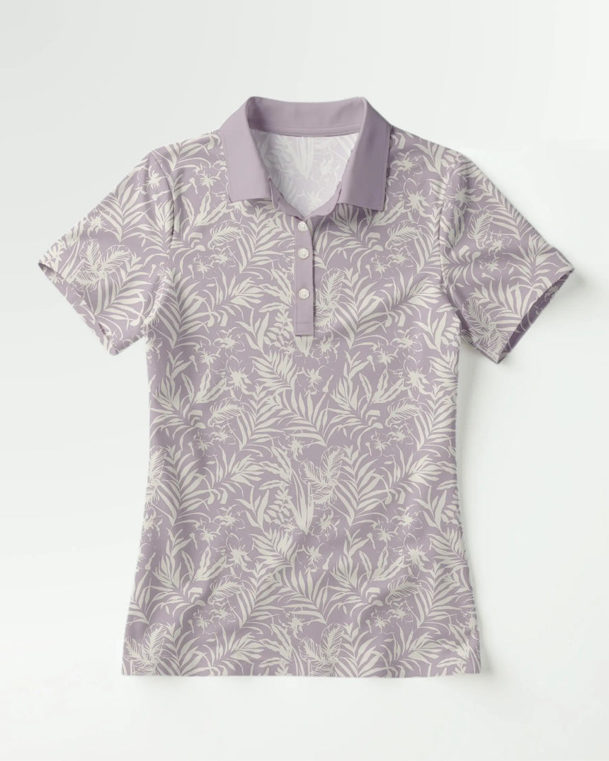 women's short sleeve golf polo in Whispering Wedges print - front view