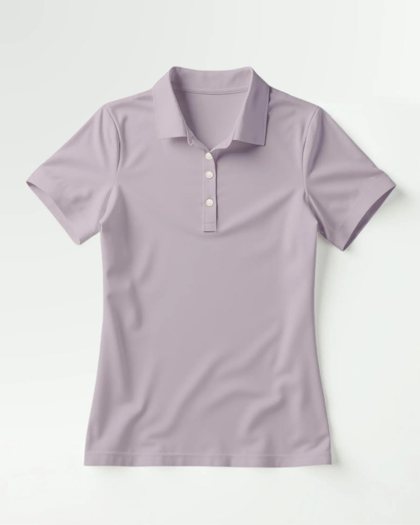 women's short sleeve golf polo in Whispering Wedges print - front view