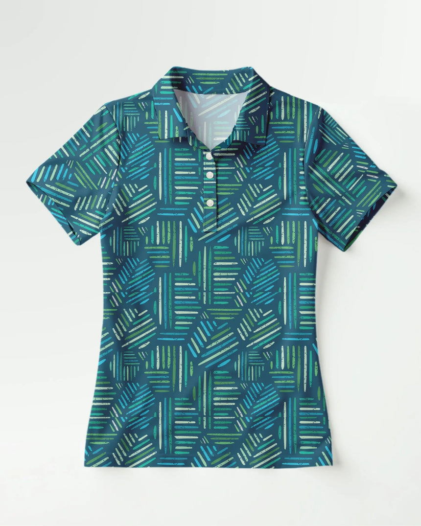 women's short sleeve golf polo in Wild Fairways print - front view