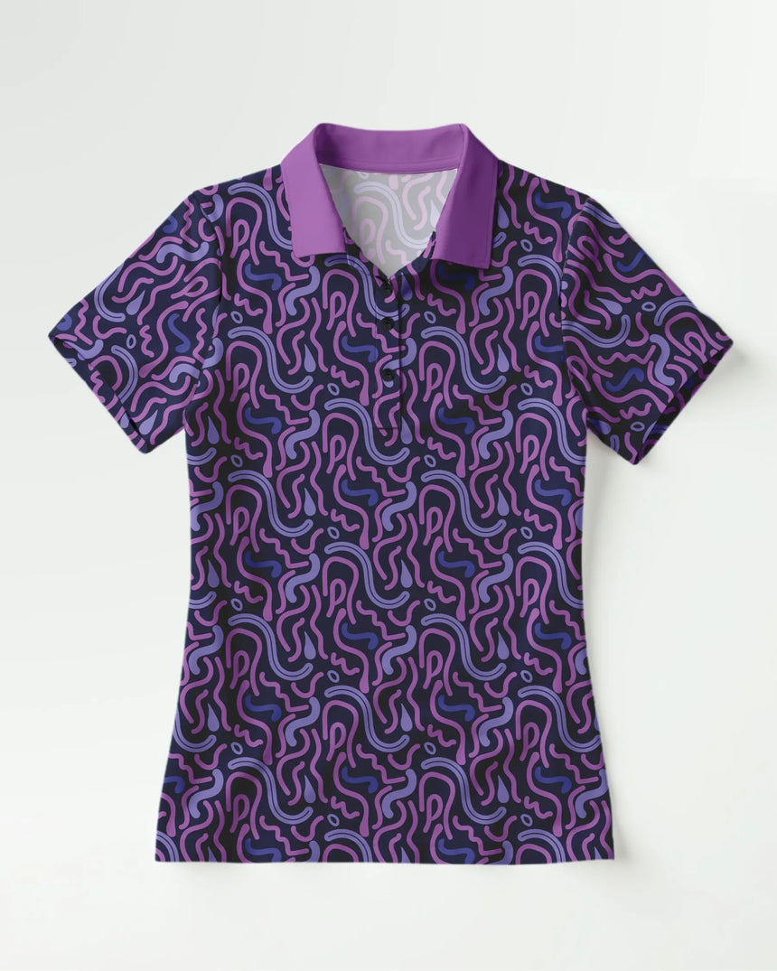 women's short sleeve golf polo in Wild Tee Party print - front view