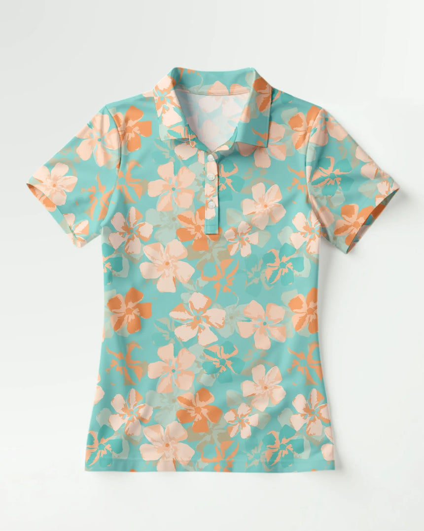 women's short sleeve golf polo in Zen Flora print - front view