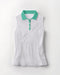 White sleeveless polo shirt with green collar on a white background