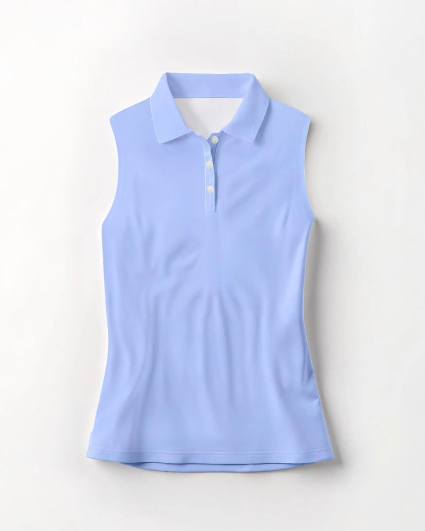 women's sleeveless golf polo in Blue Palms print - front view