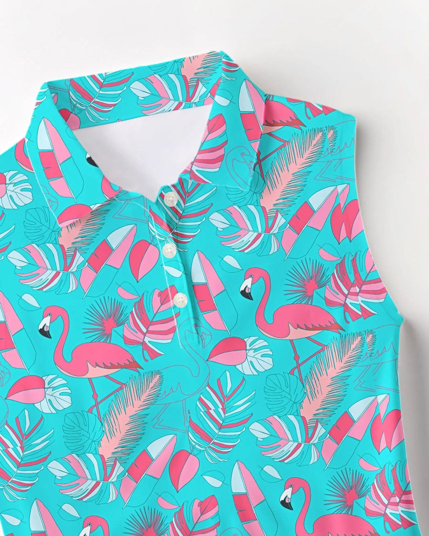 Sleeveless golf shirt with pink flamingo print