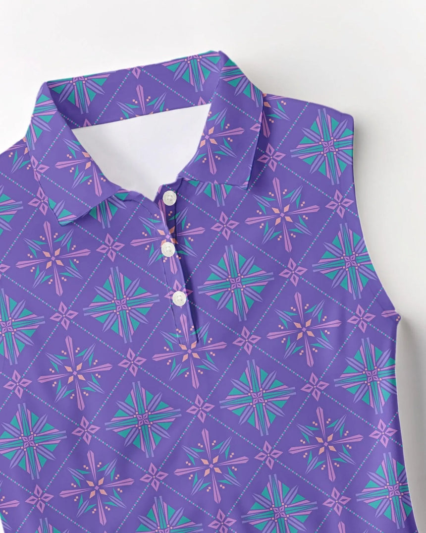 Purple polo shirt with geometric pattern on a white background