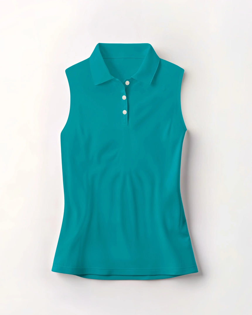 women's sleeveless golf polo in Island Approach print - front view