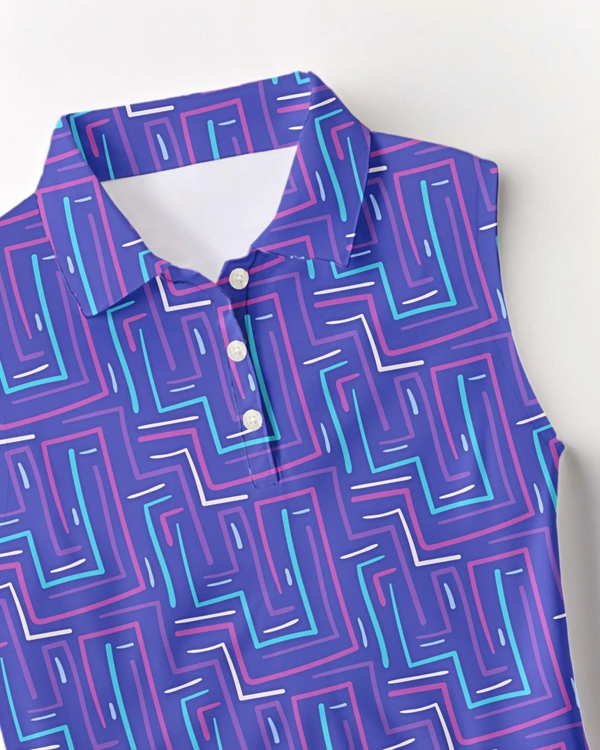Blue polo shirt with geometric pattern on a white background