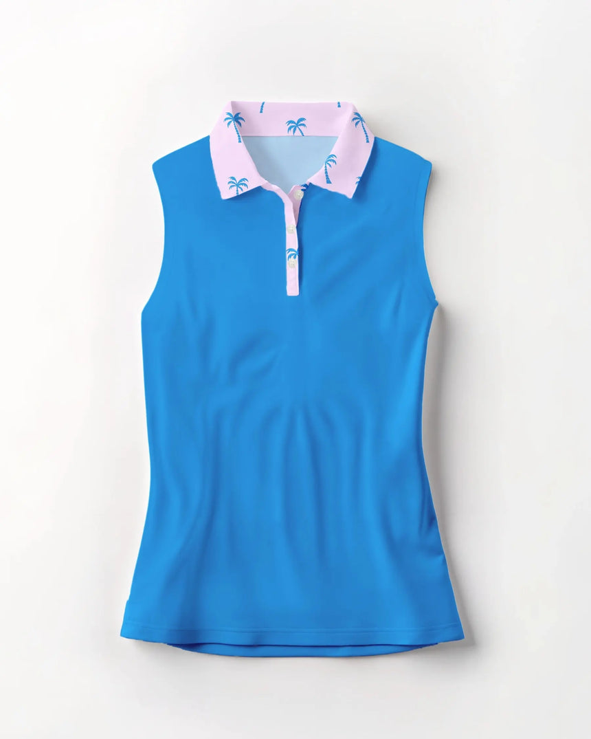women's sleeveless golf polo in Palm Tree Pink print - front view