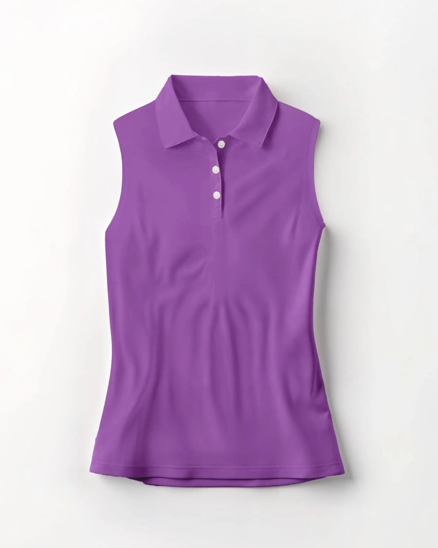 women's sleeveless golf polo in Wild Tee Party print - front view