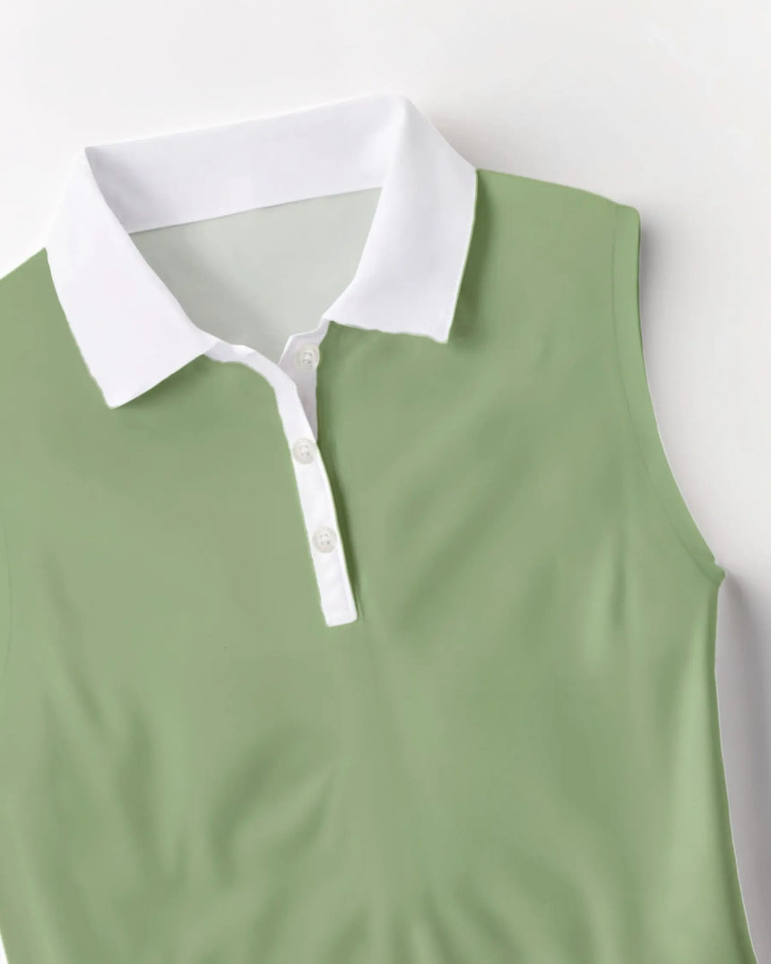 women's sleeveless golf polo in Zen Greens print - fabric closeup front view