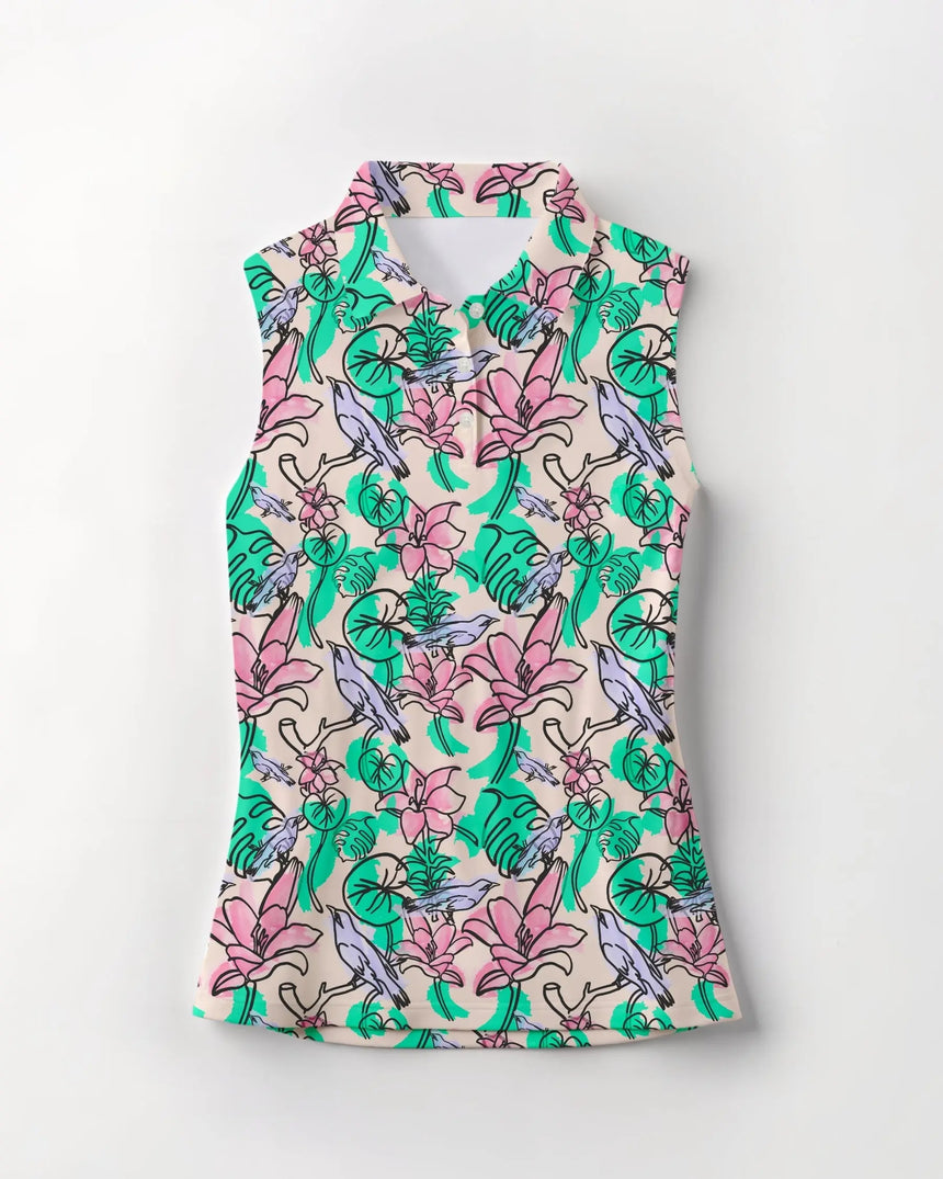 women's sleeveless golf polo in Birdies & Bogeys print - front view