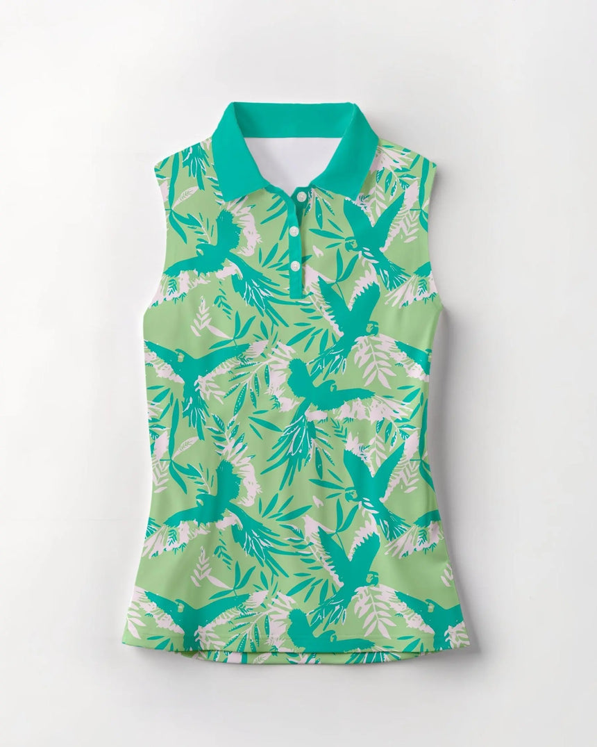 women's sleeveless golf polo in Birds of Paradise print - front view