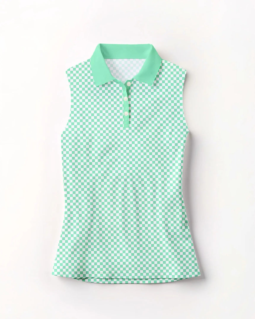 women's sleeveless golf polo in Checkered Greens print - front view