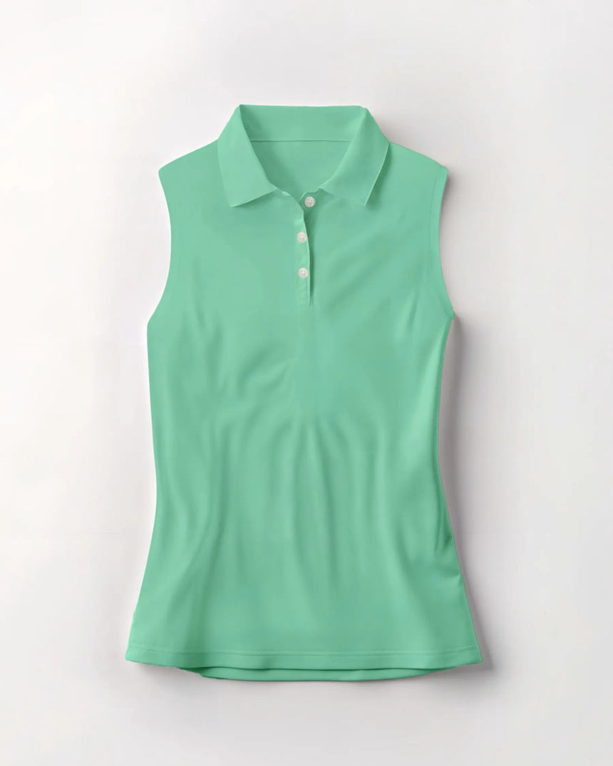 women's sleeveless golf polo in Checkered Greens print - front view