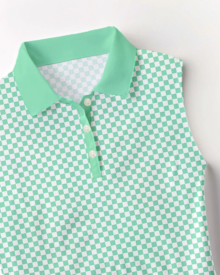 women's sleeveless golf polo in Checkered Greens print - fabric closeup front view