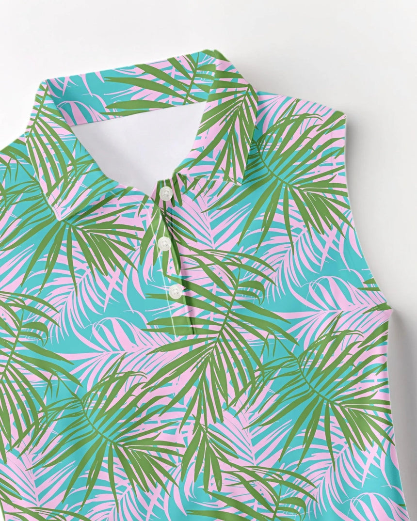 women's sleeveless golf polo in Fern & Fairway print - fabric closeup front view