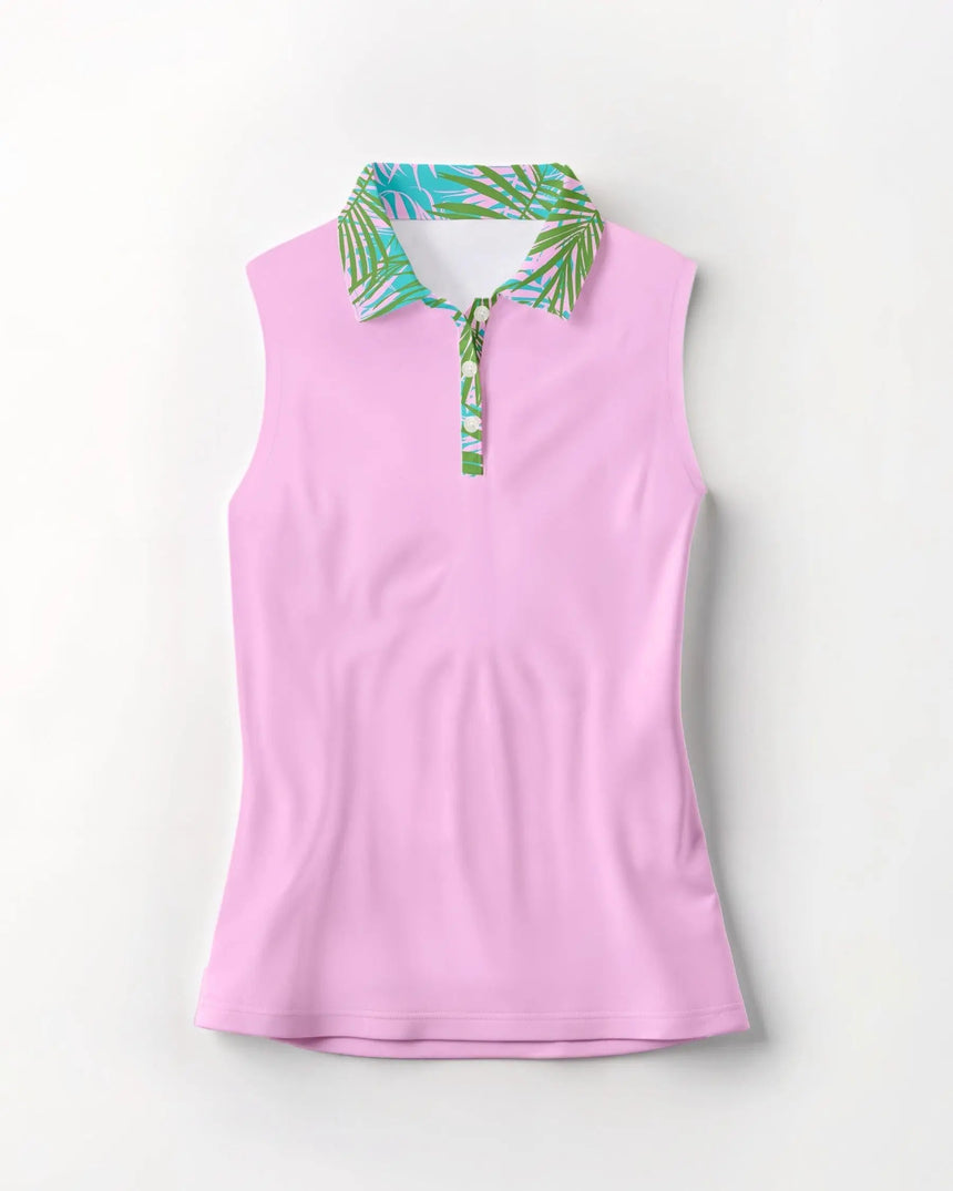 Pink sleeveless polo shirt with green and blue patterned collar on a white background