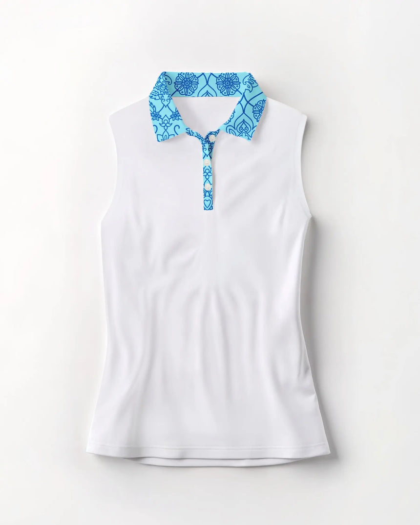 White sleeveless golf polo with blue patterned collar on a white background