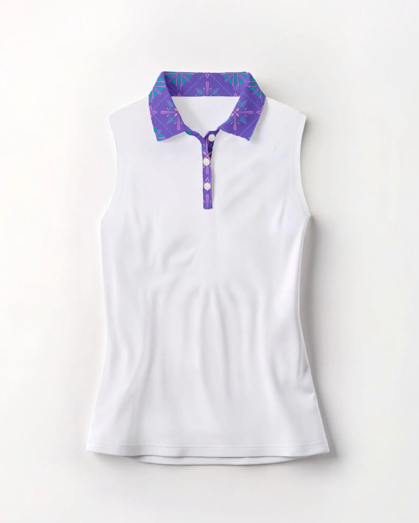 White sleeveless polo shirt with a purple patterned collar on a white background