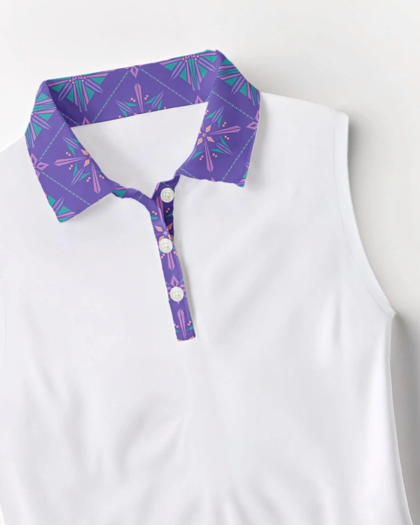White sleeveless shirt with a purple patterned collar on a light gray background
