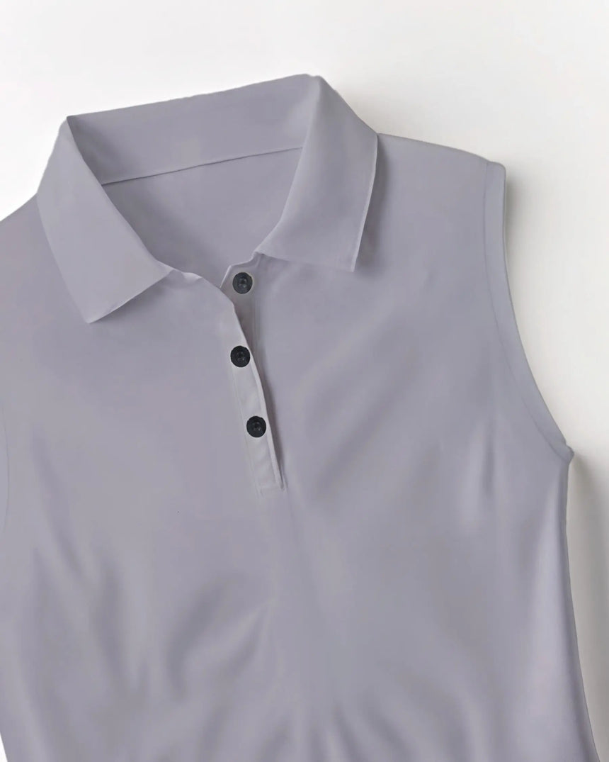 women's sleeveless golf polo in Golf Noir print - fabric closeup front view