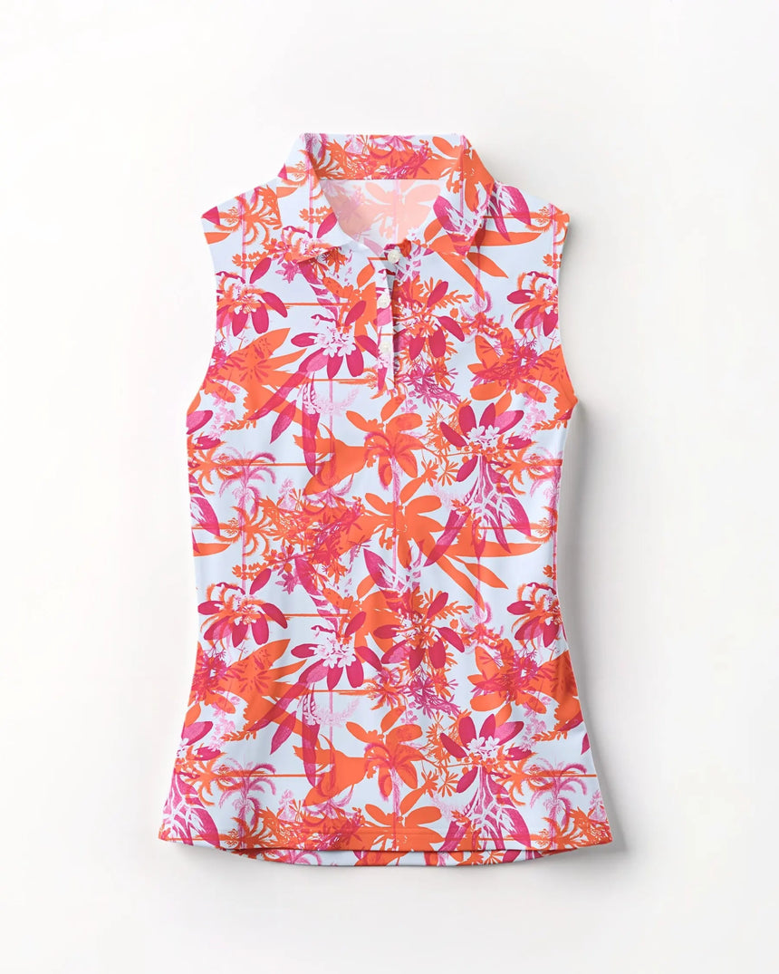 women's sleeveless golf polo in Hot Tropic print - front view