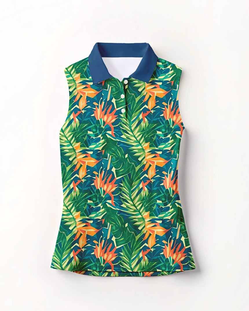 women's sleeveless golf polo in Island Approach print - front view