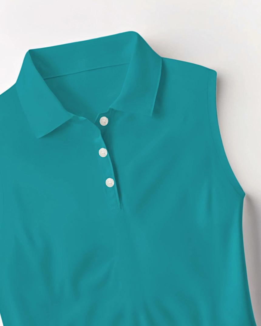 Teal sleeveless shirt with white buttons on a light gray background