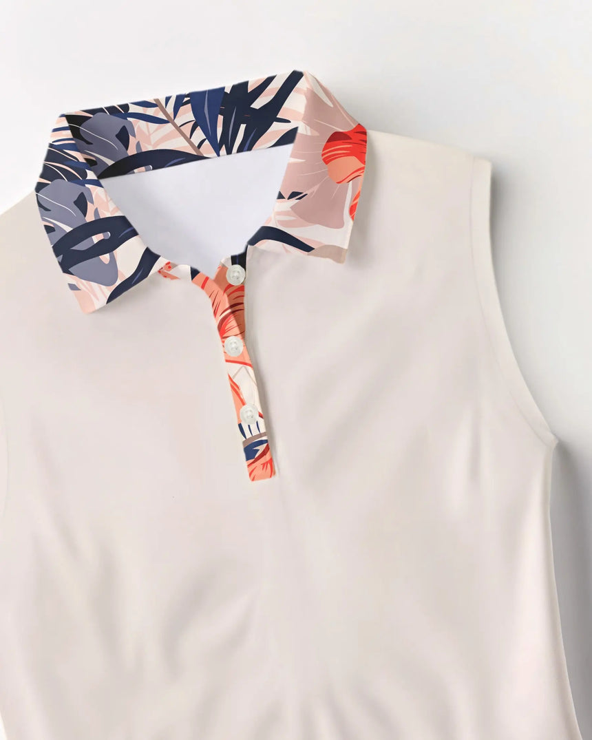 Sleeveless polo shirt with a colorful floral collar on a light background