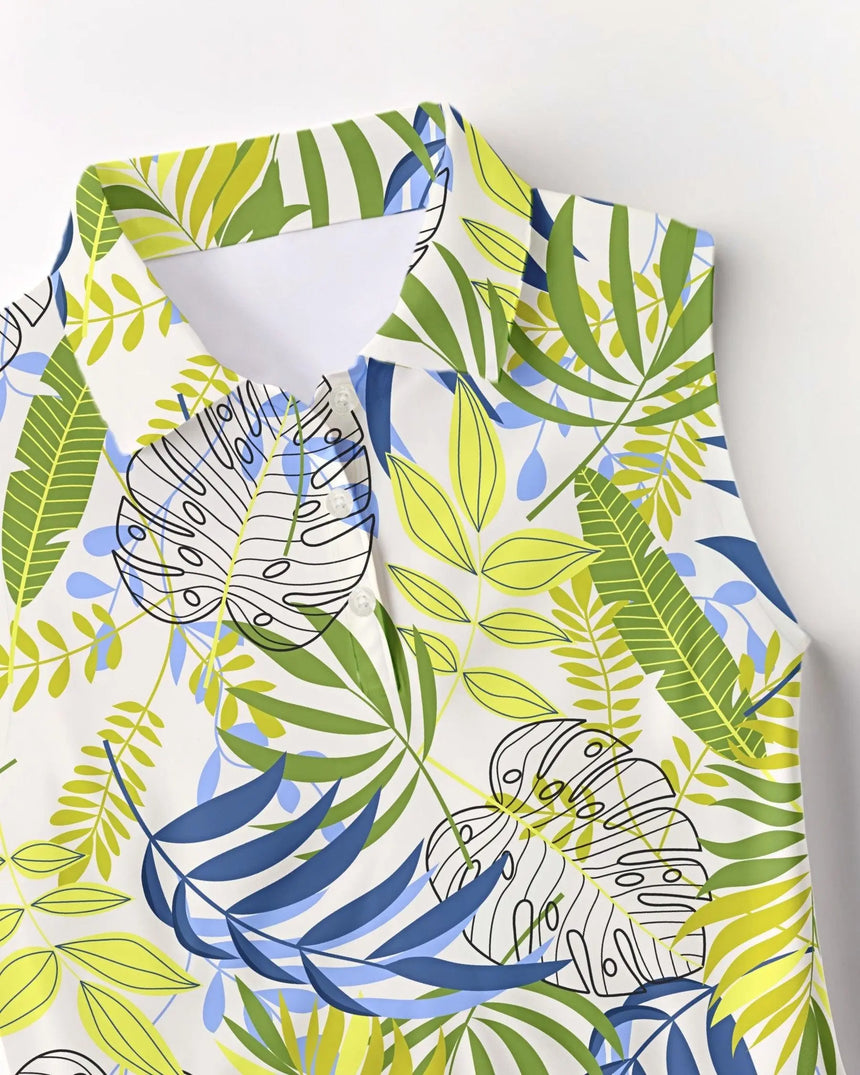 women's sleeveless golf polo in Jungle Swing print - fabric closeup front view