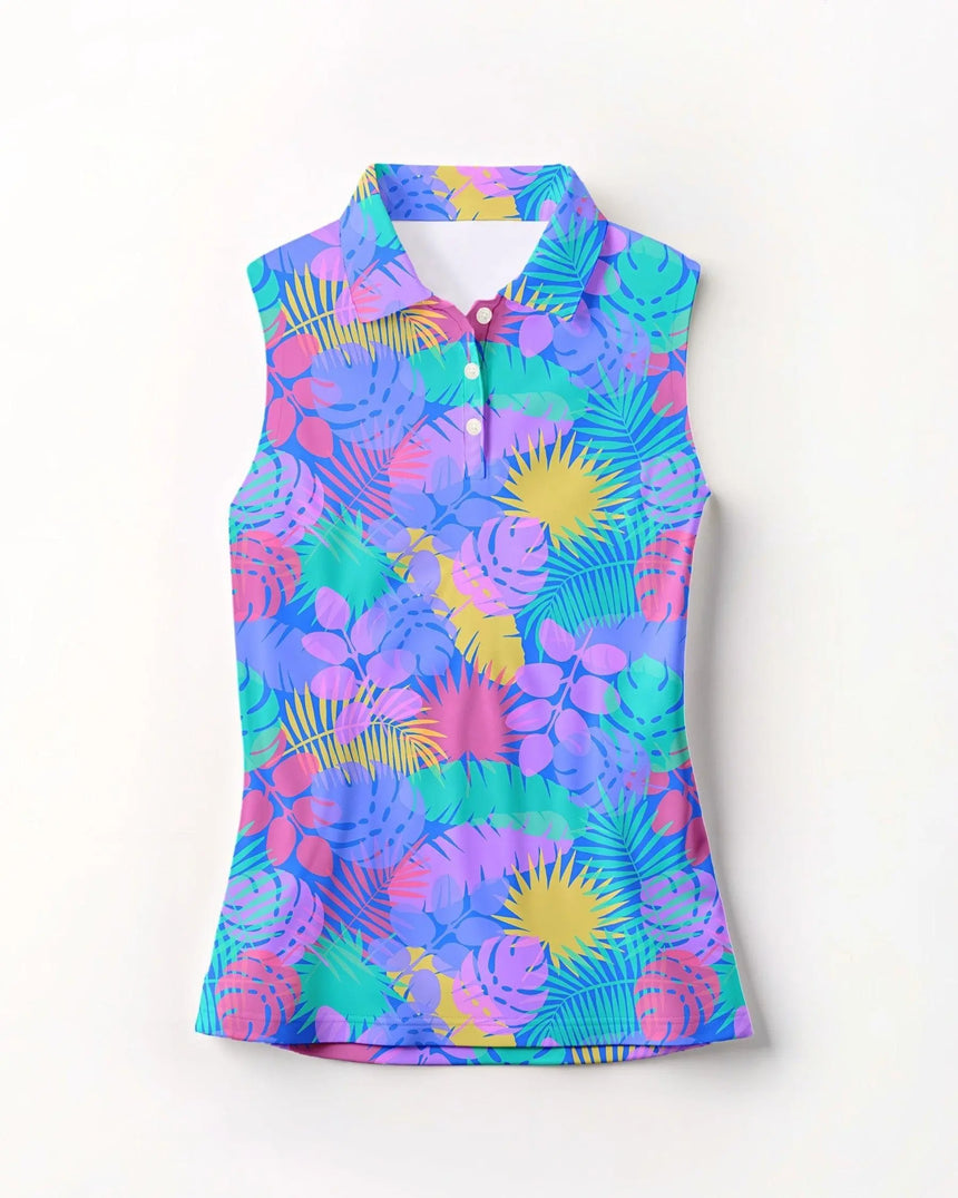 women's sleeveless golf polo in Jungle Vibes print - front view