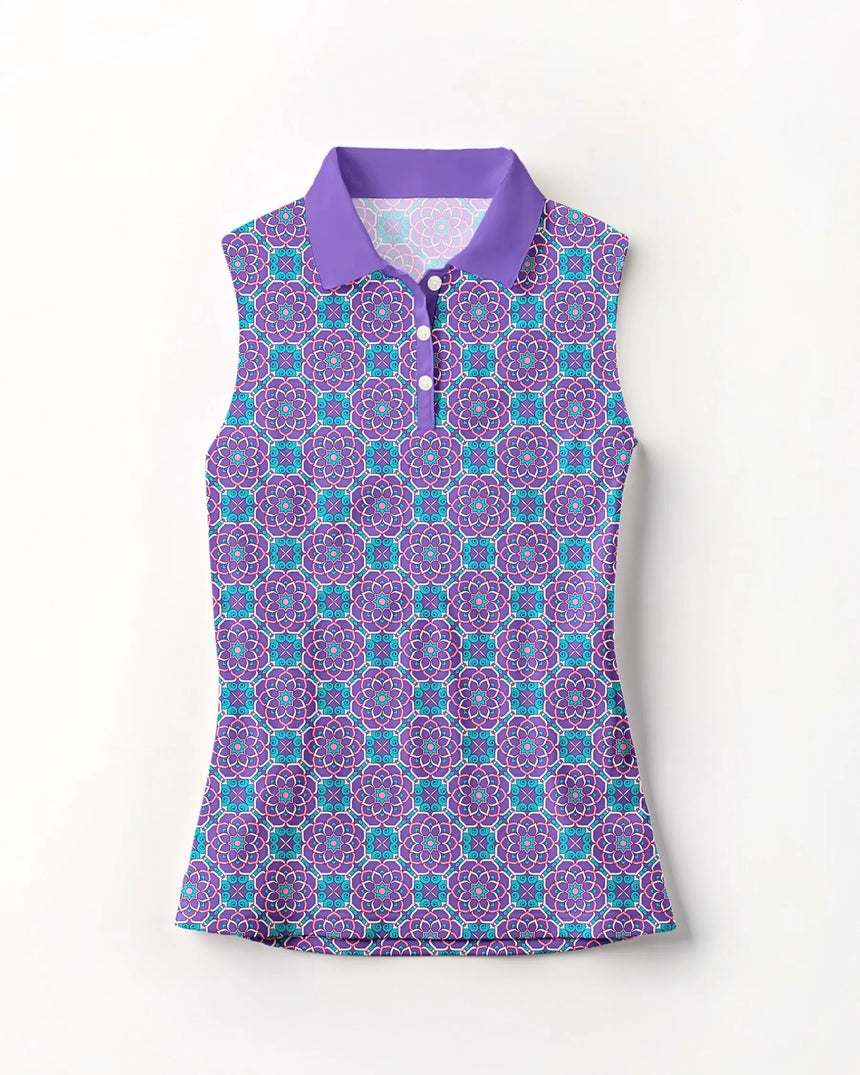 women's sleeveless golf polo in Kaleido Blossom print - front view
