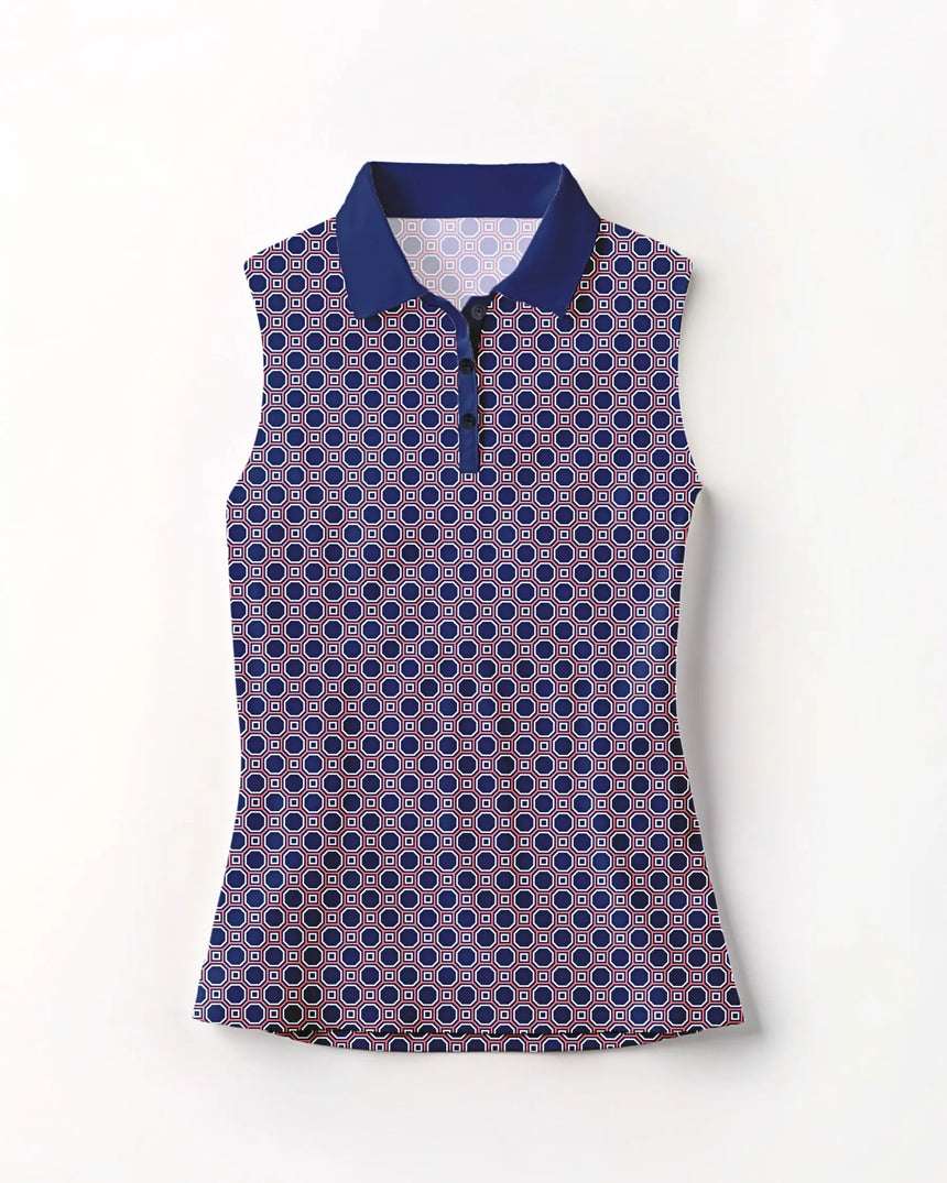 women's sleeveless golf polo in Lattice Links print - front view