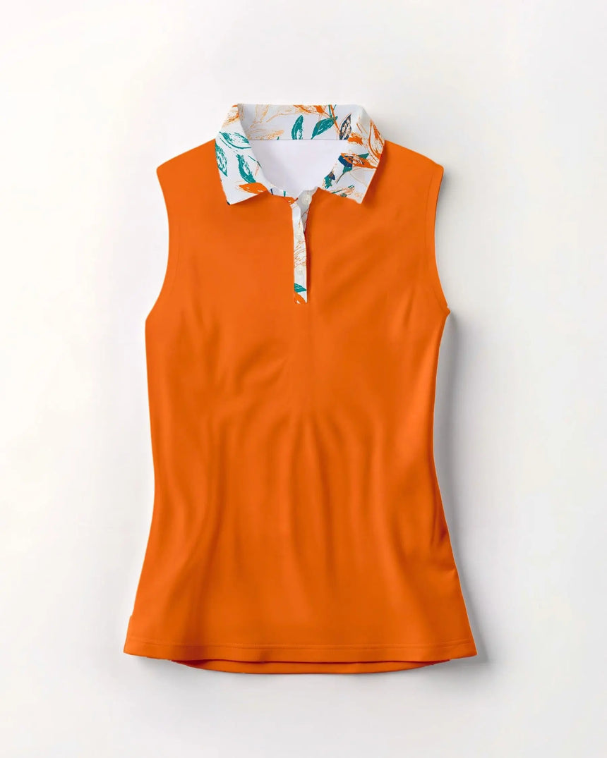 Orange sleeveless polo shirt with a patterned collar on a white background