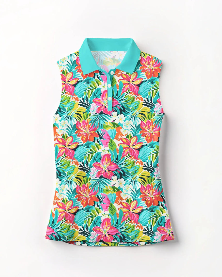 women's sleeveless golf polo in Luau Links print - front view