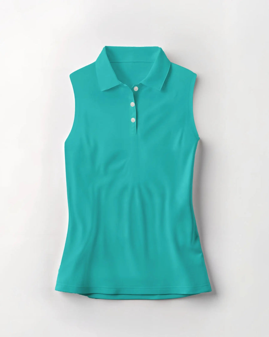women's sleeveless golf polo in Luau Links print - front view