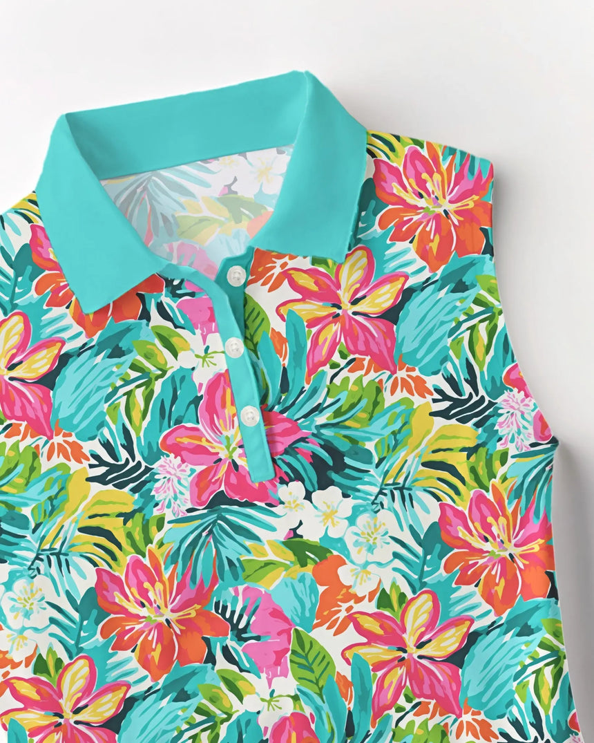 women's sleeveless golf polo in Luau Links print - fabric closeup front view
