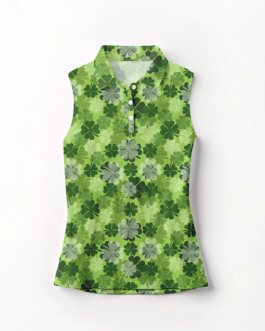 women's sleeveless golf polo in Lucky Clover print - front view
