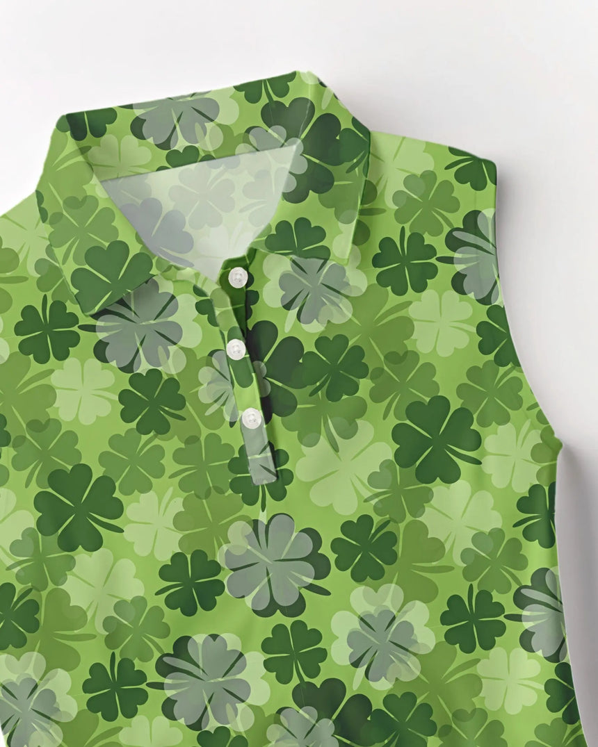 women's sleeveless golf polo in Lucky Clover print - fabric closeup front view