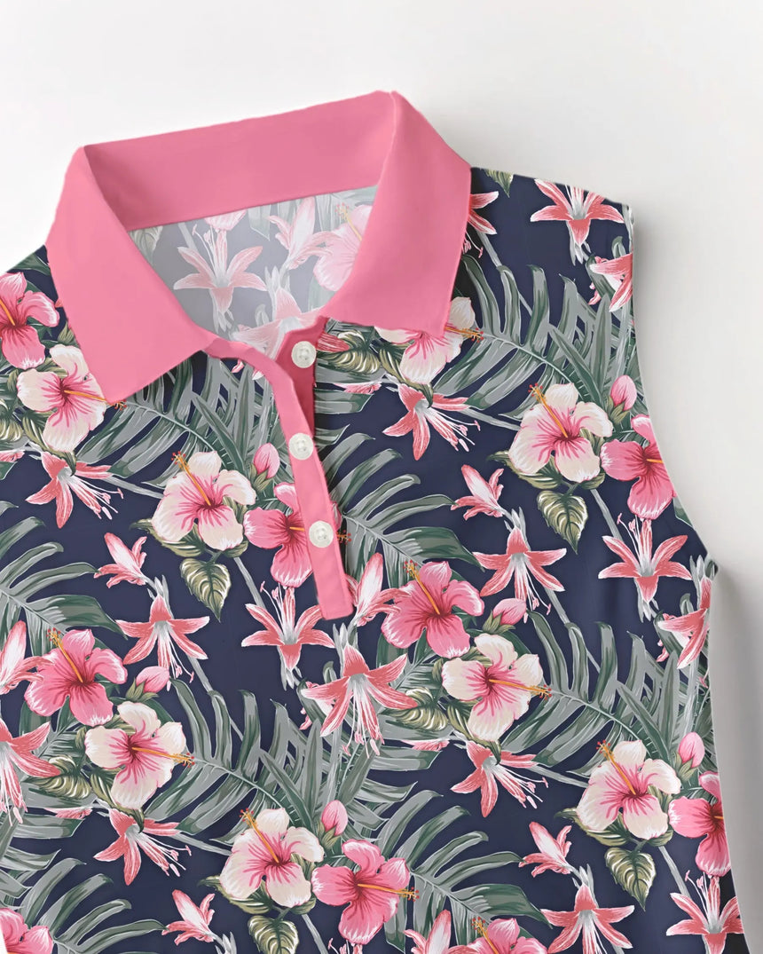 women's sleeveless golf polo in Midnight Blooms print - fabric closeup front view
